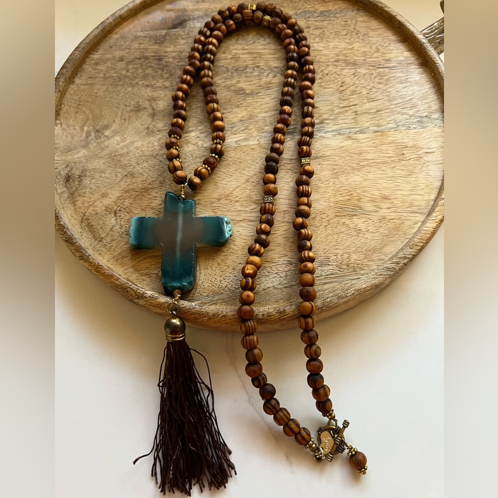 Teal Stone Cross, Wood Beads & Tassel Long Necklace 23” long incl Tassel.